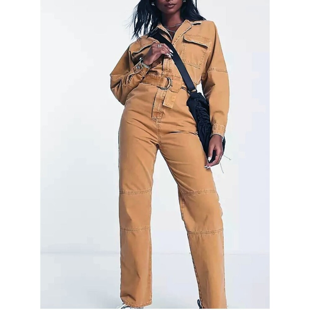 ASOS Design Utility Boilersuit Wide Leg Coveralls Women US 6 Brown D-Ring Belt